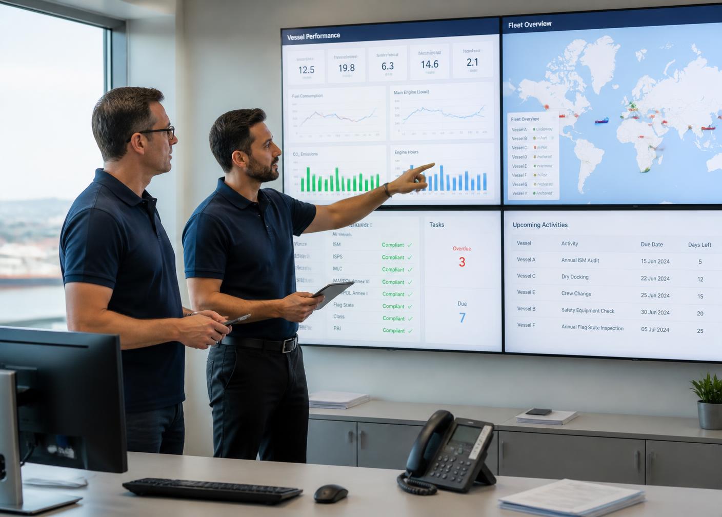 Shore superintendents reviewing vessel performance and compliance dashboards